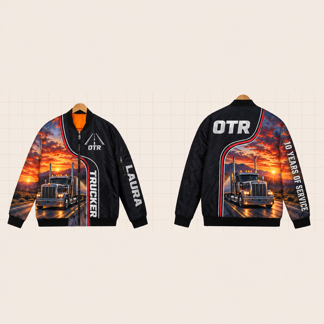 All-Over Print Bomber Jacket personalized with "Trucker Otr 10 Years" and two-lane road with a dashed centre line (no route sign or shield) artwork on the back