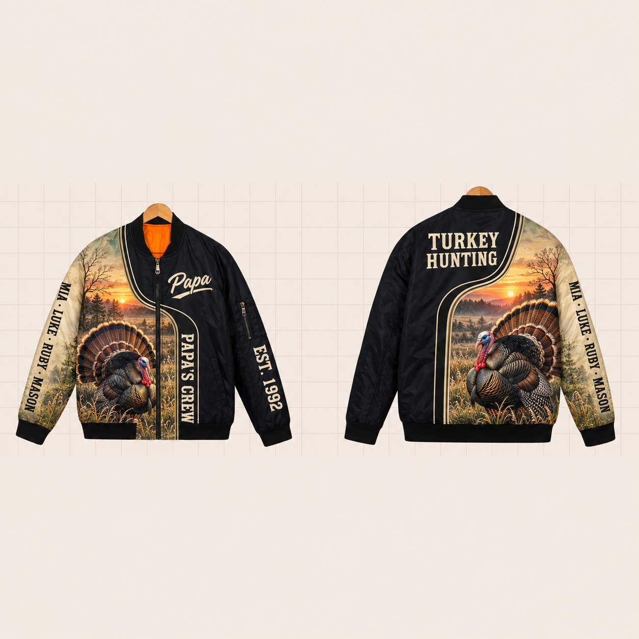 All-Over Print Bomber Jacket personalized with "Papa's Turkey Hunting Crew" and box call artwork on the back
