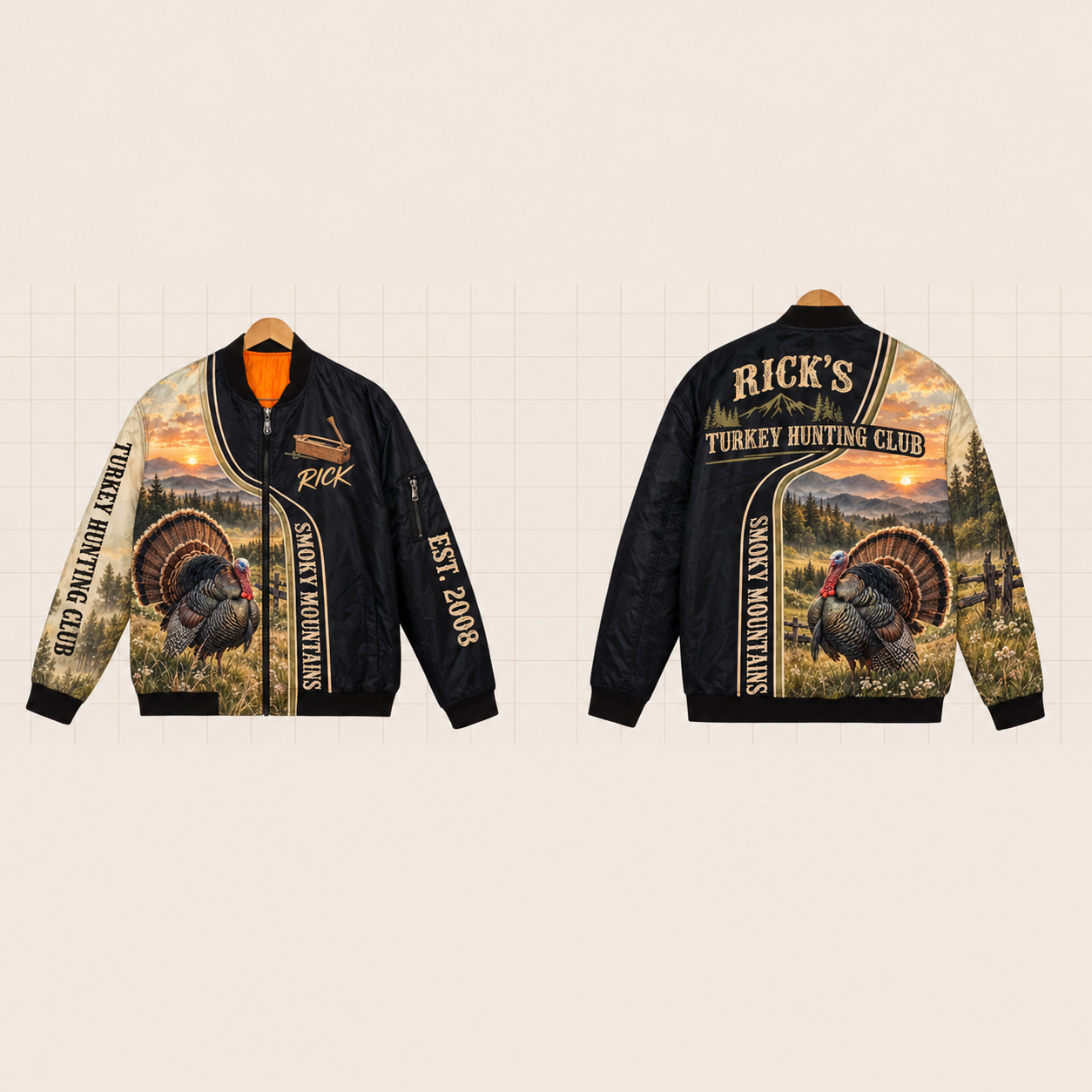 All-Over Print Bomber Jacket personalized with "Smoky Mountains Turkey Hunting Club" and box call artwork on the back