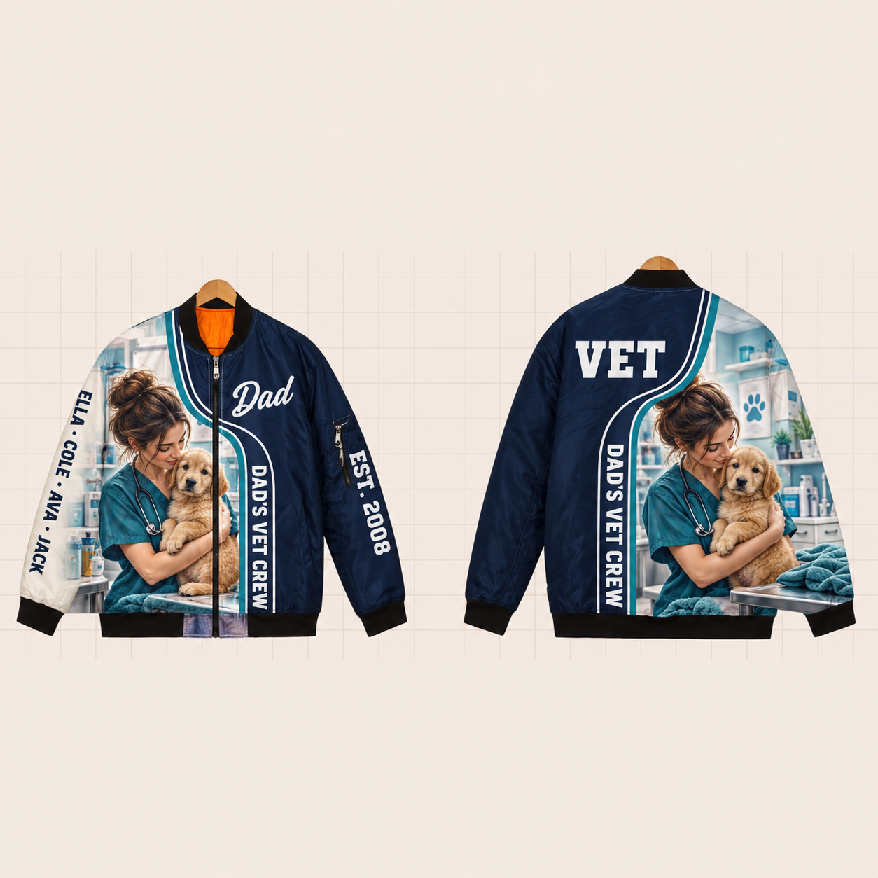 All-Over Print Bomber Jacket personalized with "Dad's Vet Crew" and stethoscope artwork on the back