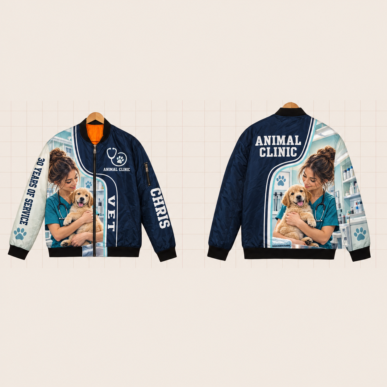 All-Over Print Bomber Jacket personalized with "Vet Animal Clinic 30 Years" and stethoscope artwork on the back