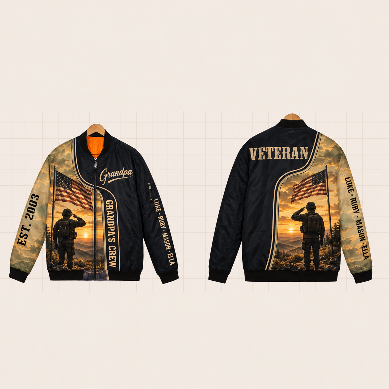 All-Over Print Bomber Jacket personalized with "Grandpa's Veteran Crew" and dog tags artwork on the back