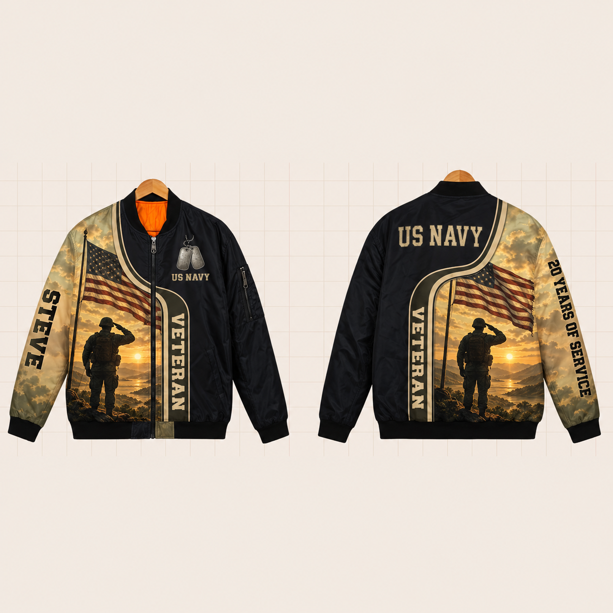 All-Over Print Bomber Jacket personalized with "Veteran Us Navy 20 Years" and dog tags artwork on the back