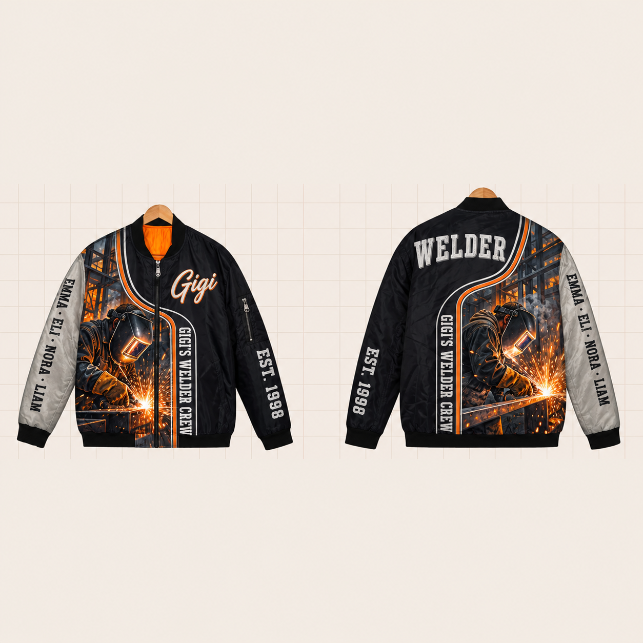 All-Over Print Bomber Jacket personalized with "Gigi's Welder Crew" and i-beam artwork on the back