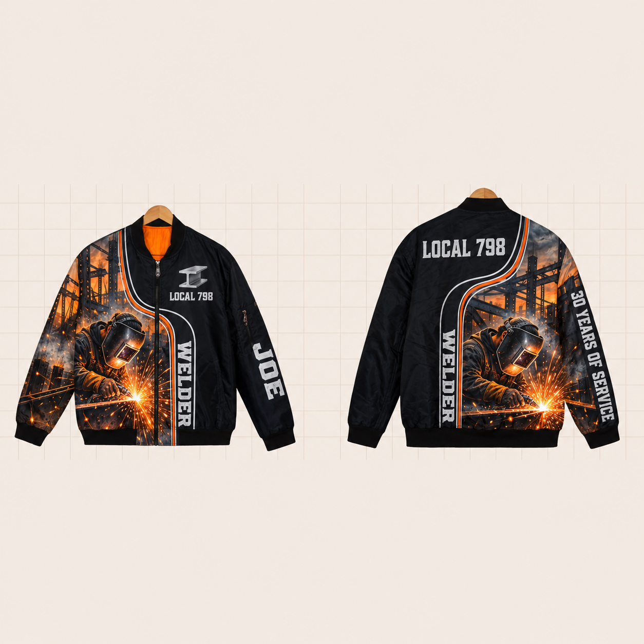 All-Over Print Bomber Jacket personalized with "Welder Local 798 30 Years" and i-beam artwork on the back