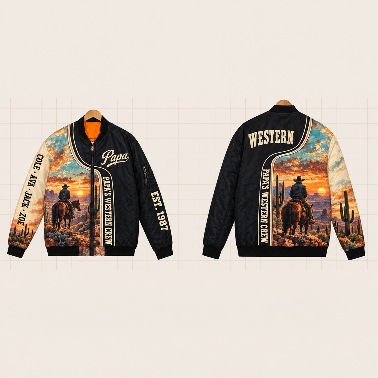 All-Over Print Bomber Jacket personalized with "Papa's Western Crew" and cactus artwork on the back