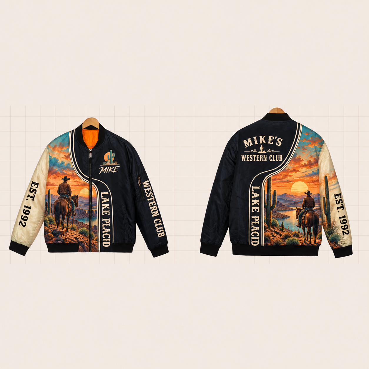 All-Over Print Bomber Jacket personalized with "Lake Placid Western Club" and cactus artwork on the back