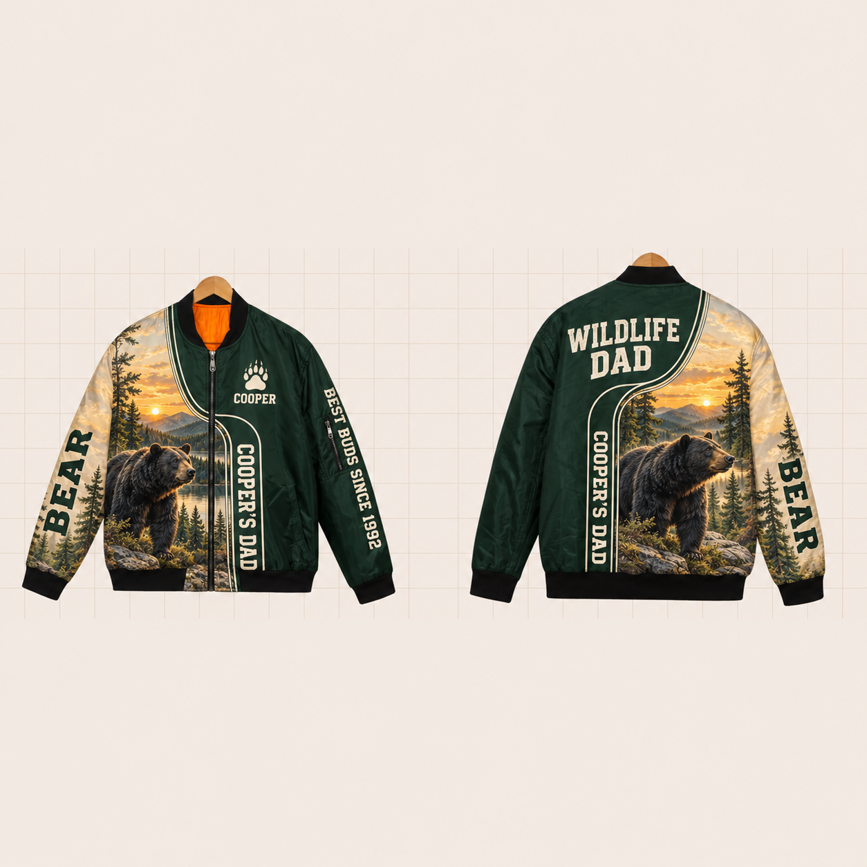 All-Over Print Bomber Jacket personalized with "Bear Dad" and pine tree artwork on the back