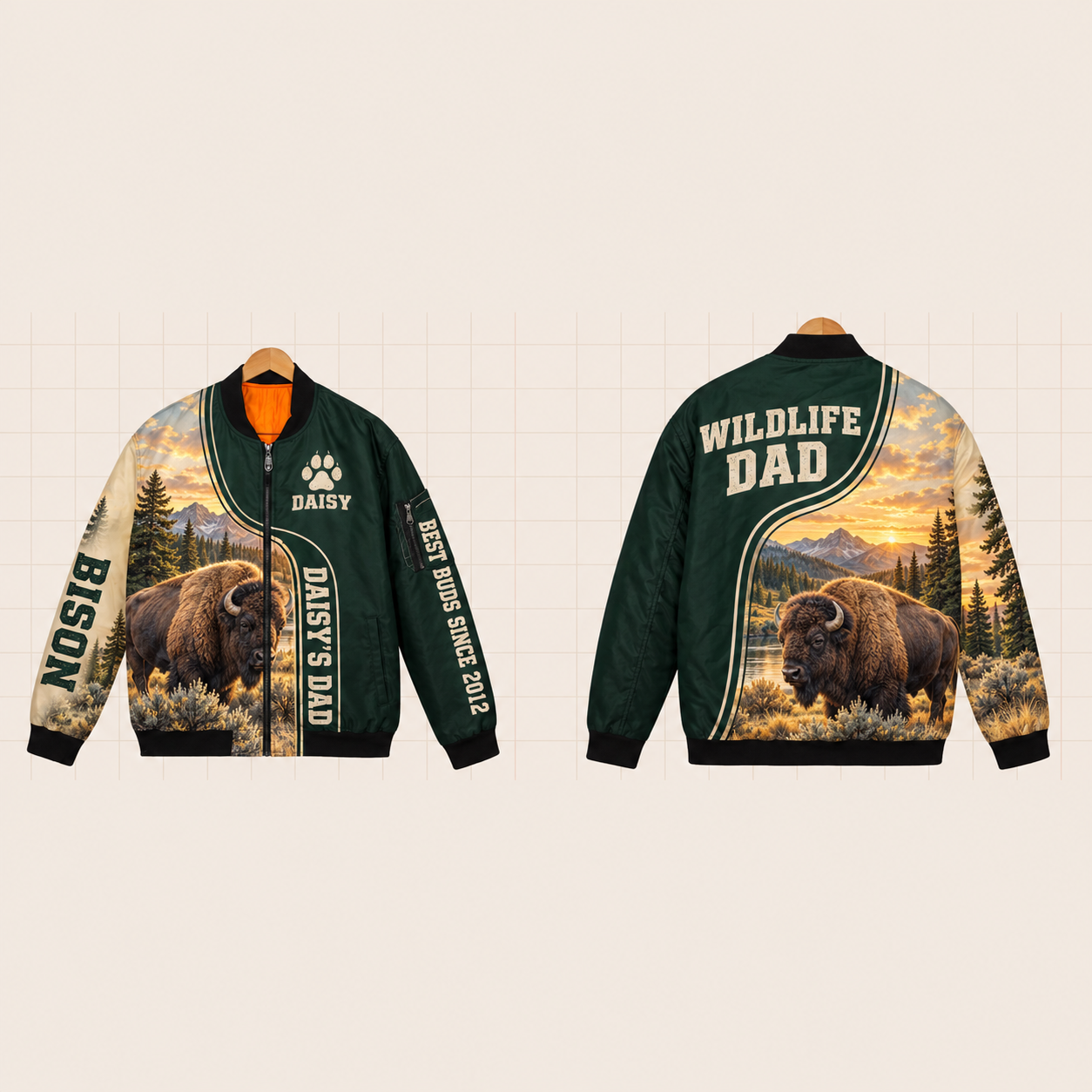 All-Over Print Bomber Jacket personalized with "Bison Dad" and pine tree artwork on the back