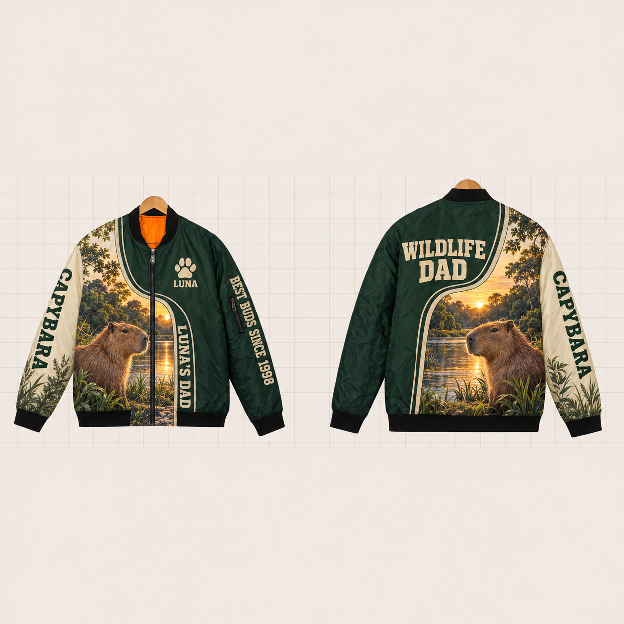 All-Over Print Bomber Jacket personalized with "Capybara Dad" and pine tree artwork on the back