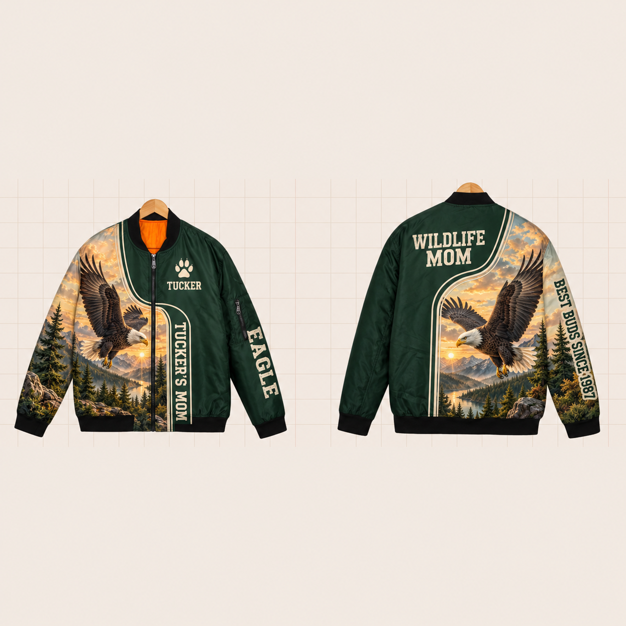 All-Over Print Bomber Jacket personalized with "Eagle Mom" and pine tree artwork on the back