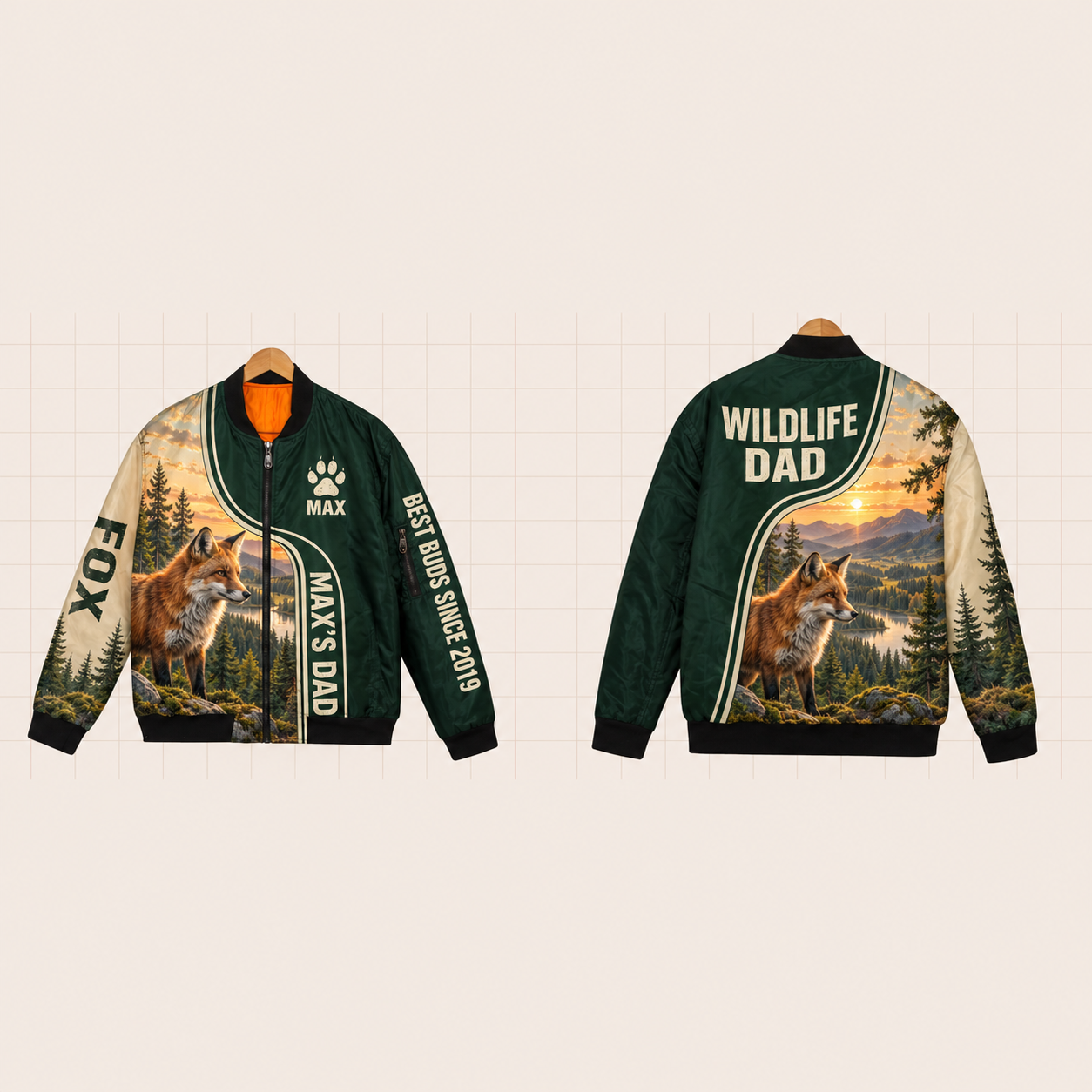 All-Over Print Bomber Jacket personalized with "Fox Dad" and pine tree artwork on the back
