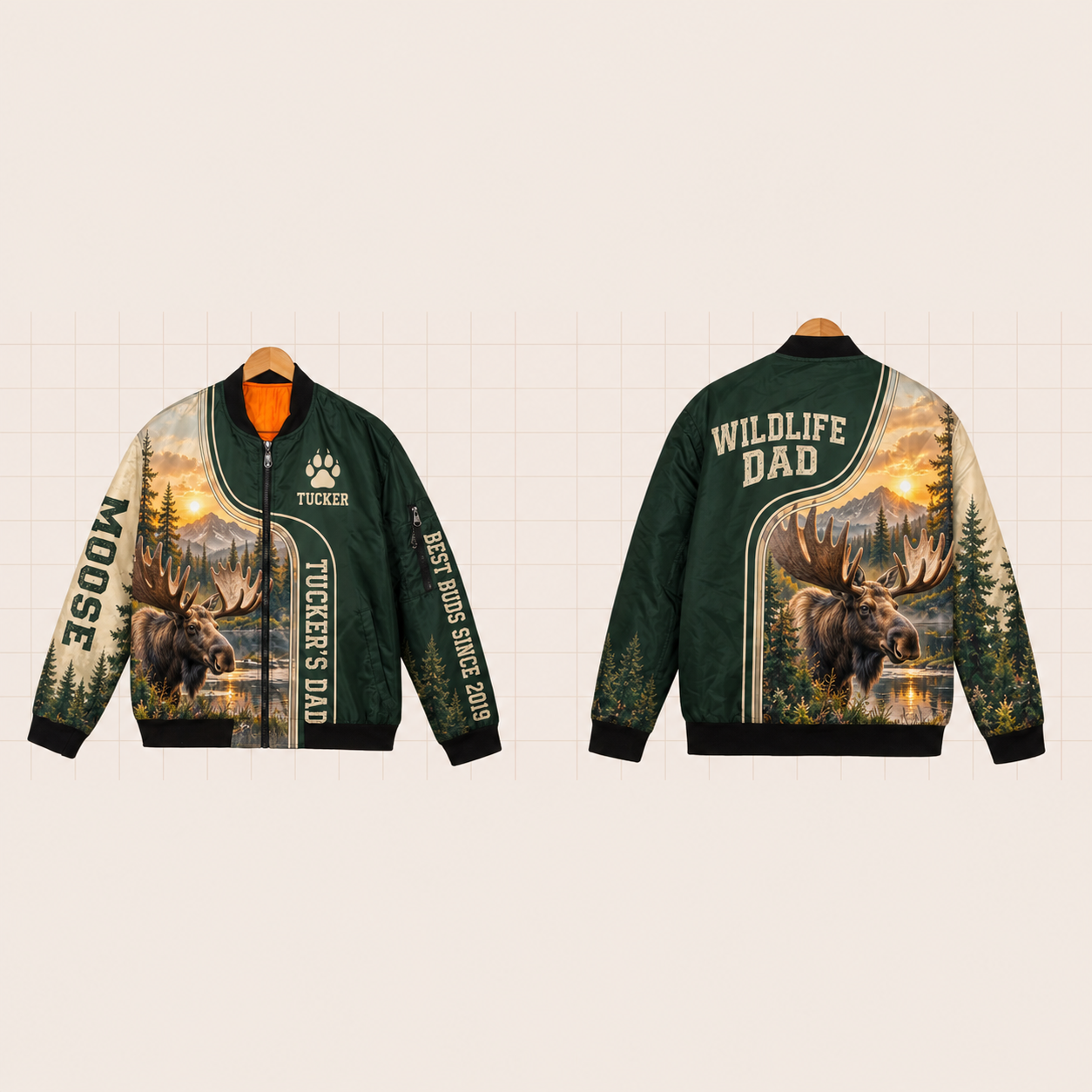 All-Over Print Bomber Jacket personalized with "Moose Dad" and pine tree artwork on the back