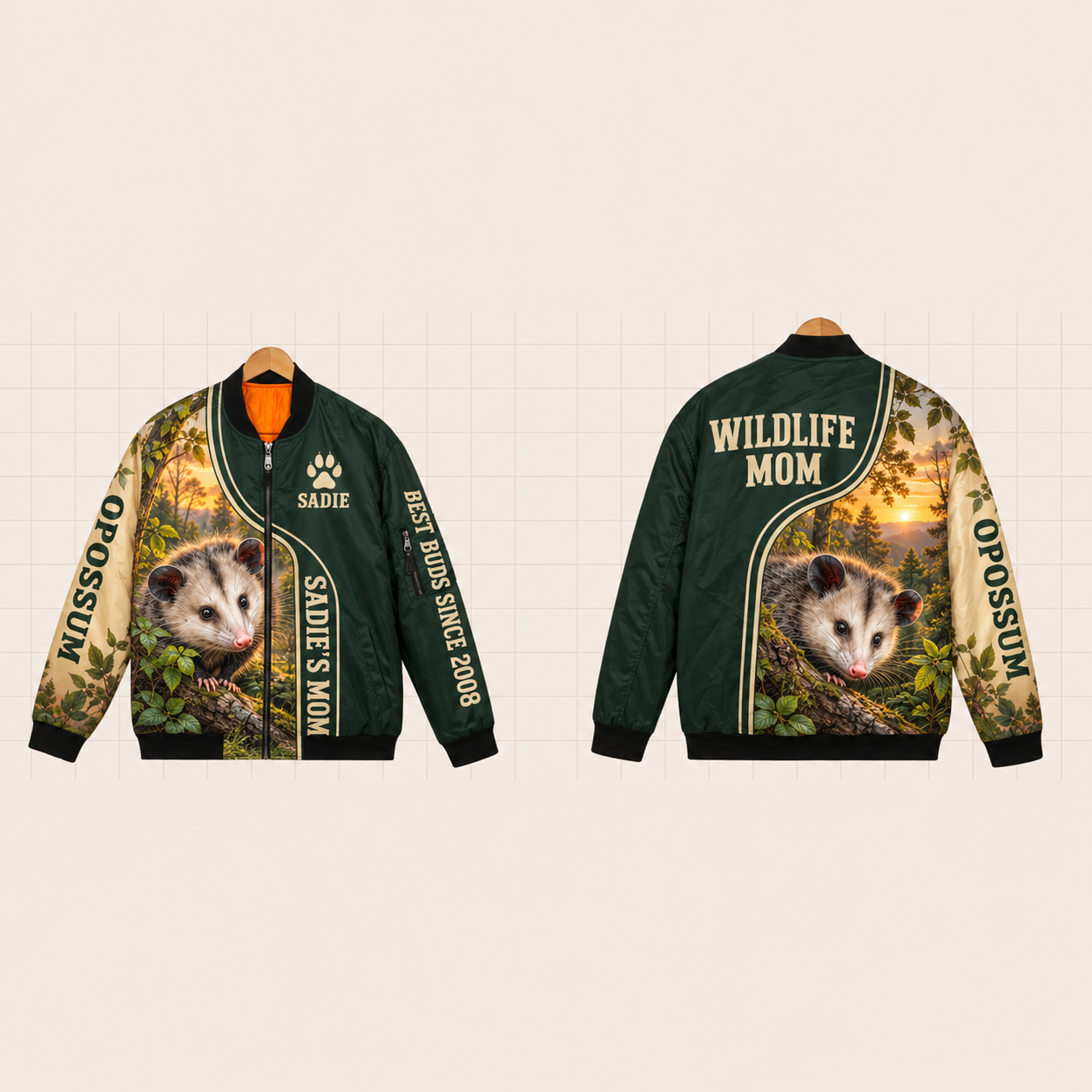 All-Over Print Bomber Jacket personalized with "Opossum Mom" and pine tree artwork on the back
