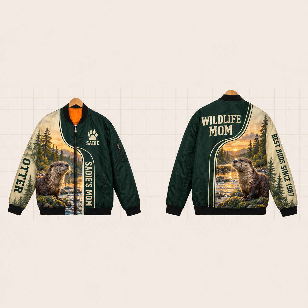 All-Over Print Bomber Jacket personalized with "Otter Mom" and pine tree artwork on the back