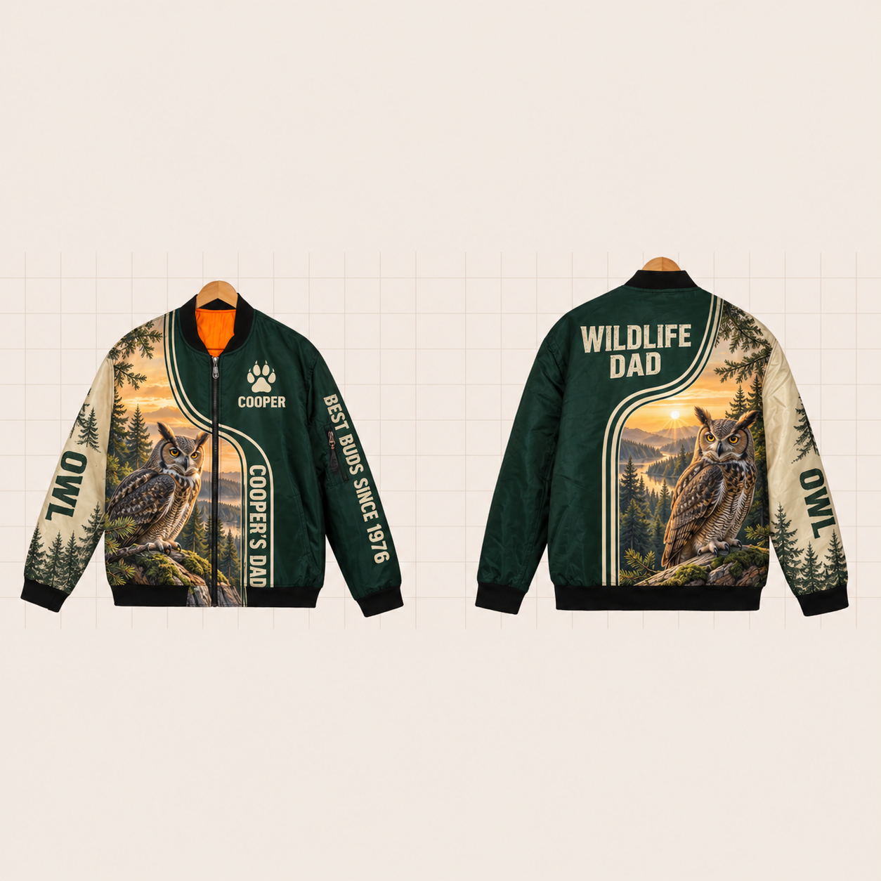 All-Over Print Bomber Jacket personalized with "Owl Dad" and pine tree artwork on the back
