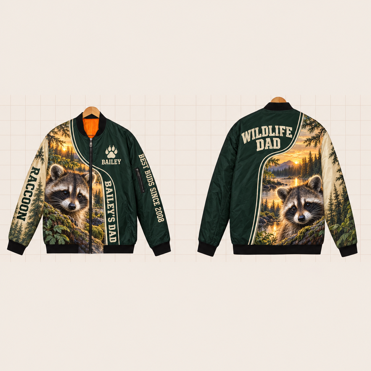All-Over Print Bomber Jacket personalized with "Raccoon Dad" and pine tree artwork on the back