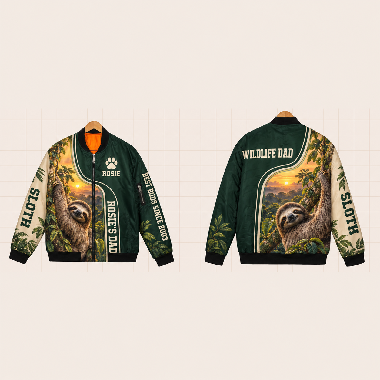 All-Over Print Bomber Jacket personalized with "Sloth Dad" and pine tree artwork on the back