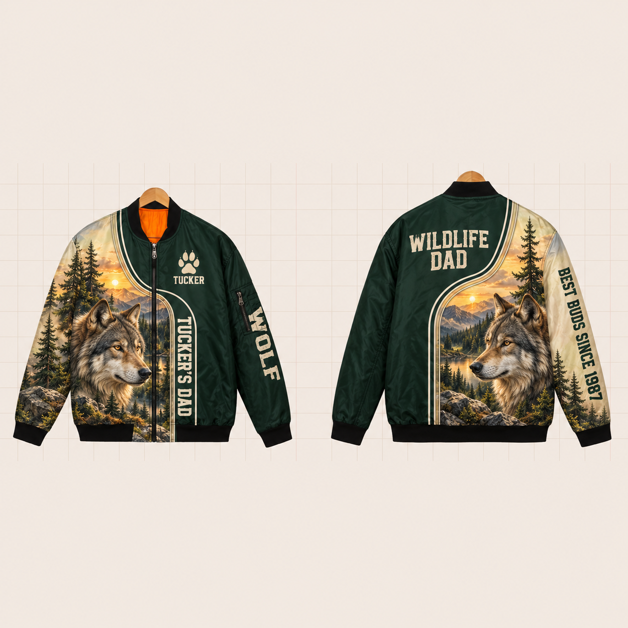 All-Over Print Bomber Jacket personalized with "Wolf Dad" and pine tree artwork on the back