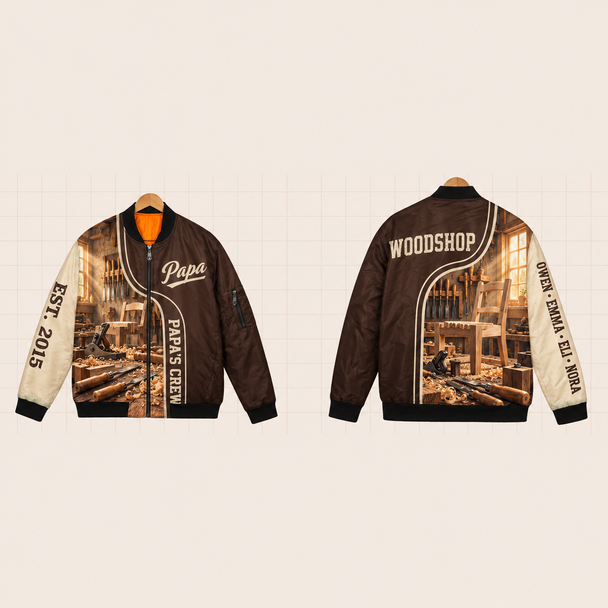 All-Over Print Bomber Jacket personalized with "Papa's Woodworking Crew" and wood grain plank artwork on the back