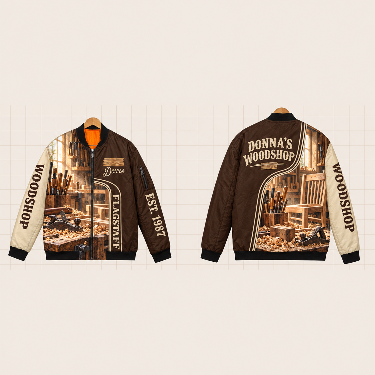 All-Over Print Bomber Jacket personalized with "Flagstaff Woodshop" and wood grain plank artwork on the back