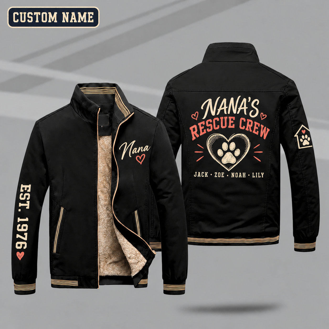 Fleece-Lined Stand Collar Jacket personalized with "Nana's Rescue Crew" and paw print in a heart artwork on the back