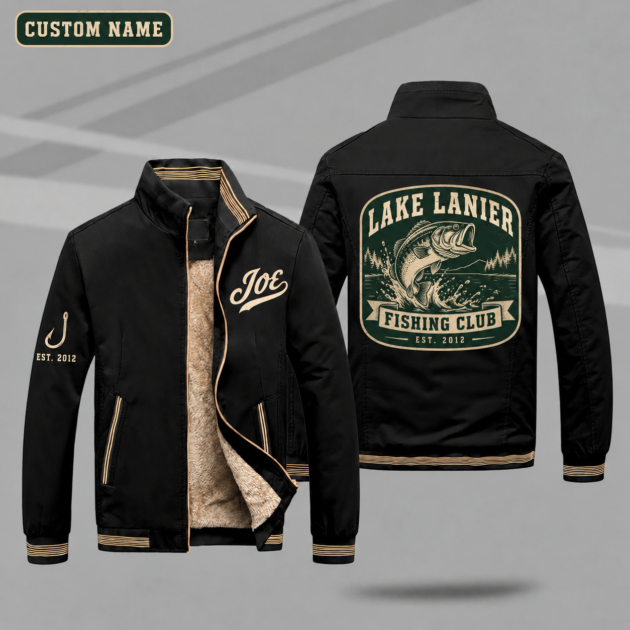Fleece-Lined Stand Collar Jacket personalized with "Lake Lanier Fishing Club Est. 2012" and largemouth bass jumping artwork on the back