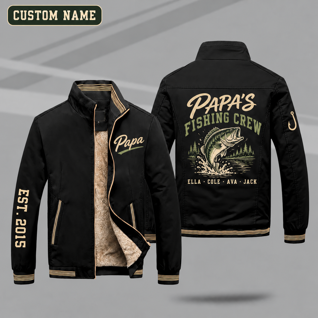 Fleece-Lined Stand Collar Jacket personalized with "Papa's Fishing Crew" and largemouth bass jumping artwork on the back