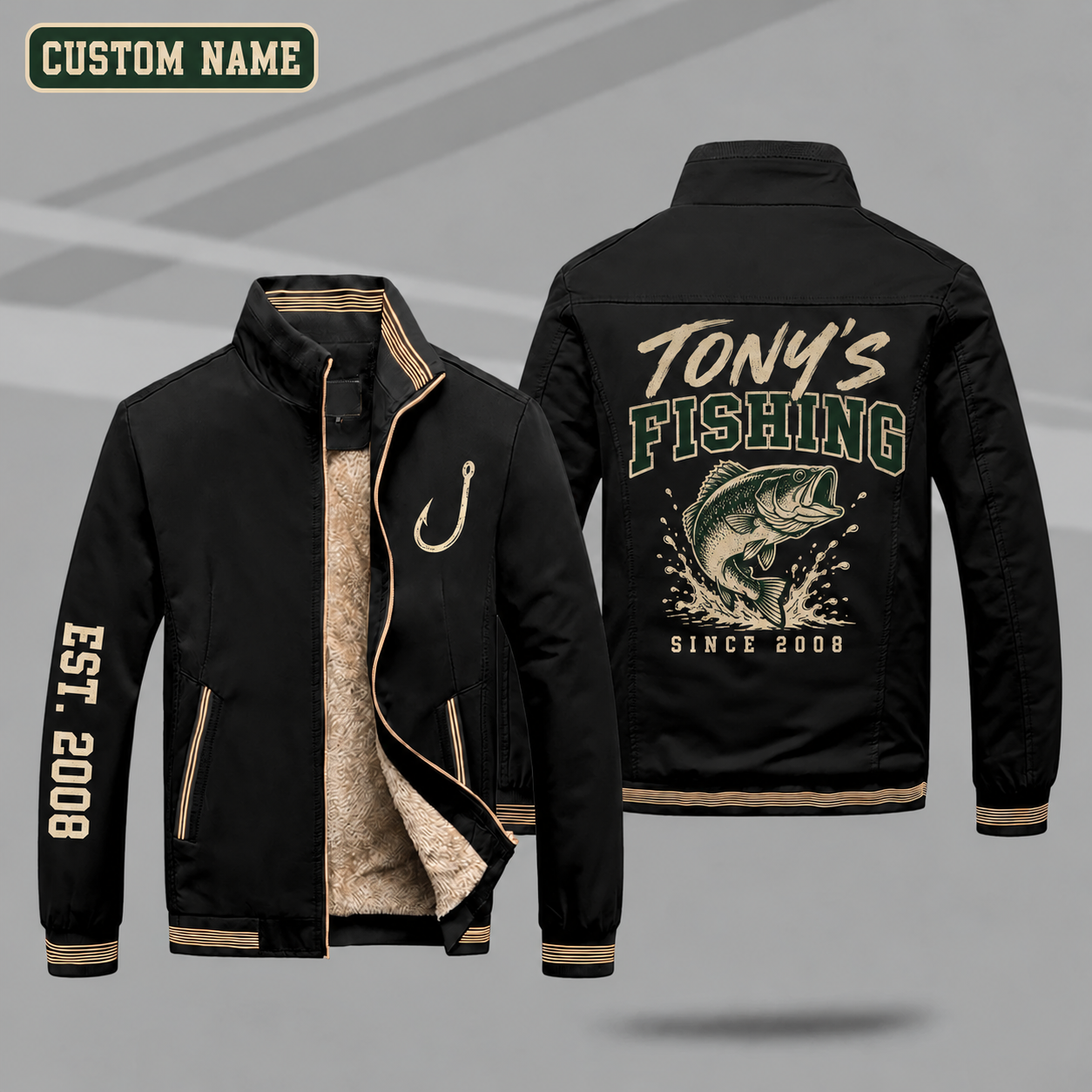 Fleece-Lined Stand Collar Jacket personalized with "Tony's Fishing Since 2008" and largemouth bass jumping artwork on the back
