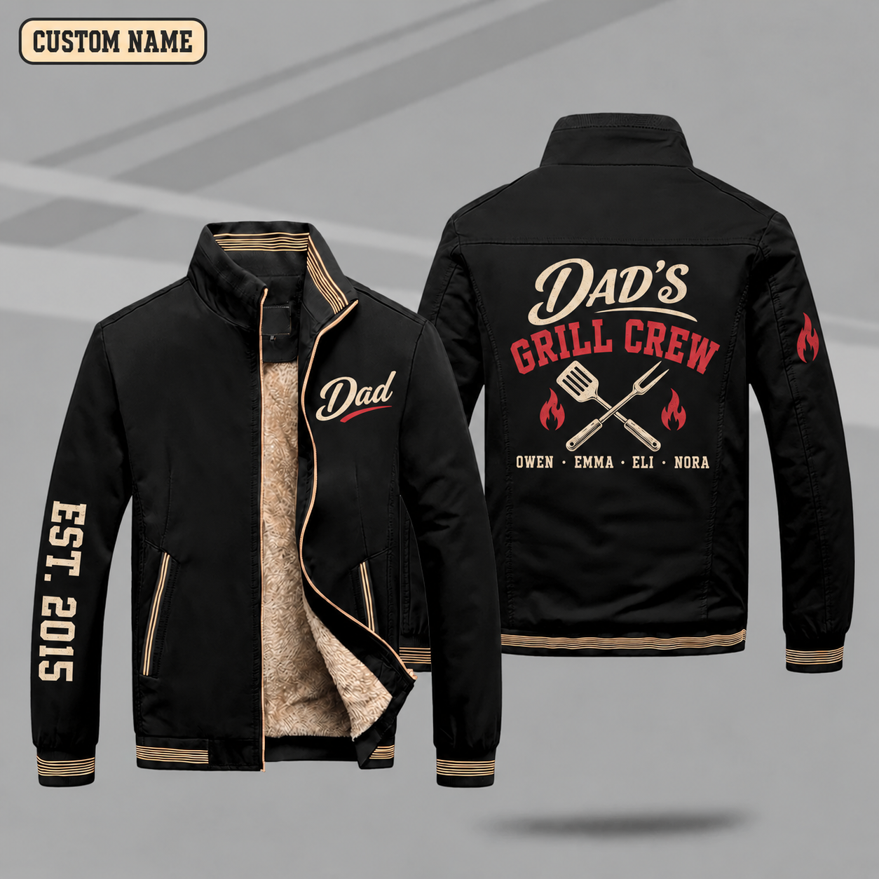 Fleece-Lined Stand Collar Jacket personalized with "Dad's Grill Crew" and crossed spatula and fork artwork on the back