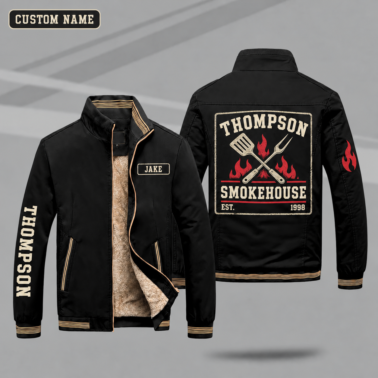 Fleece-Lined Stand Collar Jacket personalized with "Thompson Smokehouse Est. 1998" and crossed spatula and fork artwork on the back