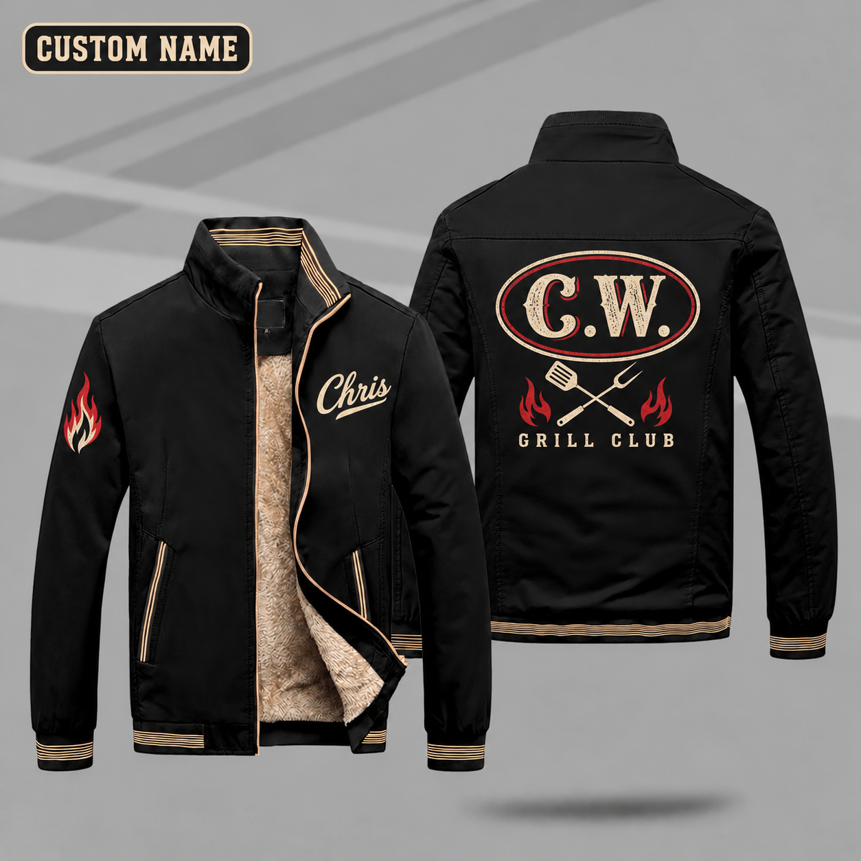 Fleece-Lined Stand Collar Jacket personalized with "C.W. Grill Monogram" and crossed spatula and fork artwork on the back