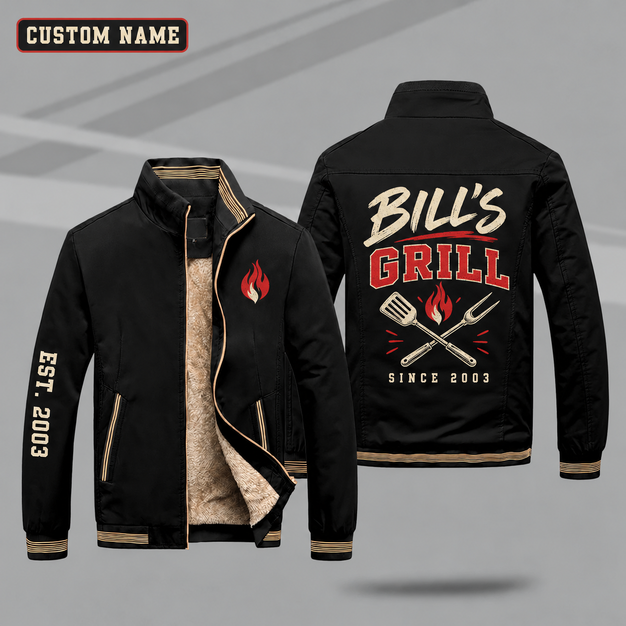 Fleece-Lined Stand Collar Jacket personalized with "Bill's Grill Since 2003" and crossed spatula and fork artwork on the back