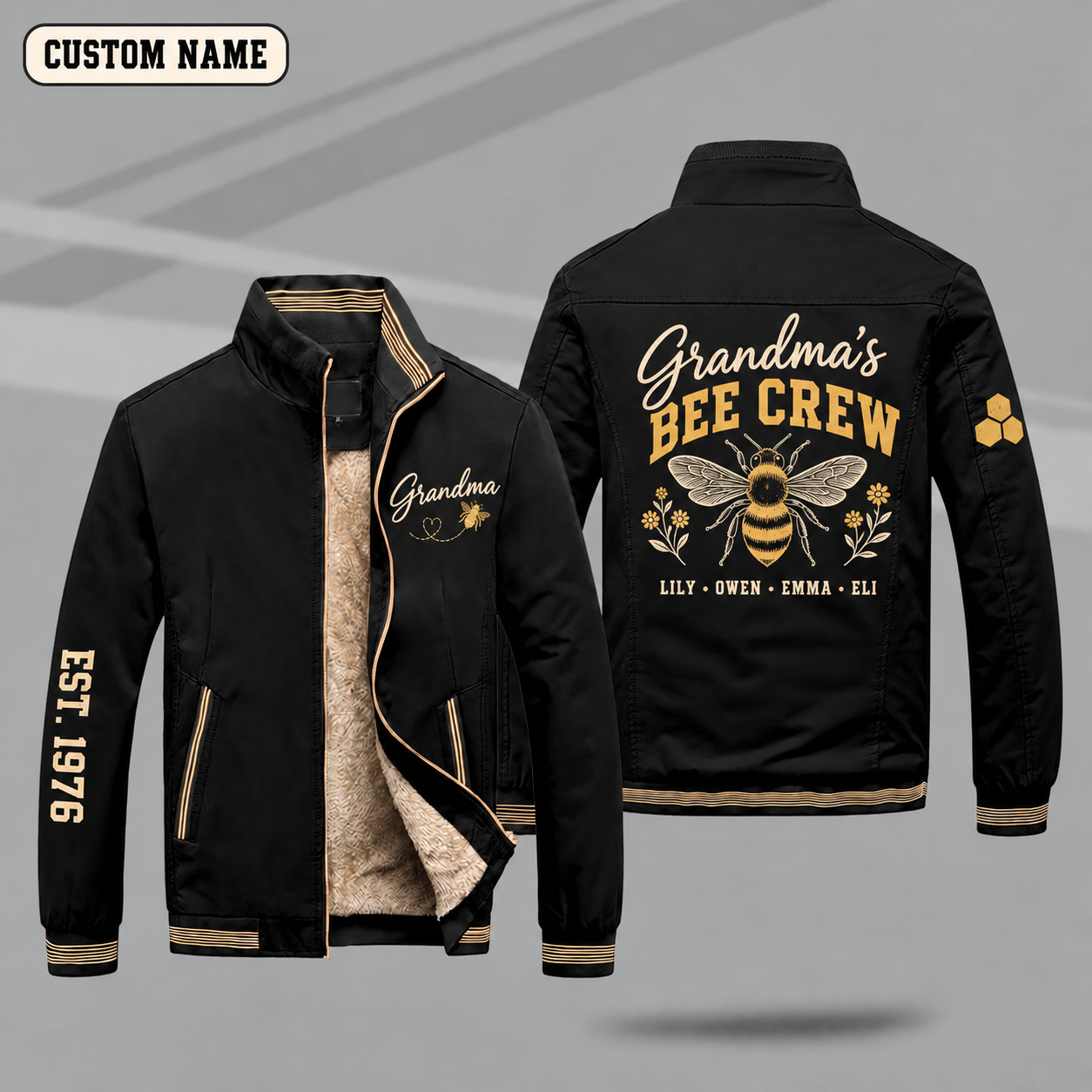 Fleece-Lined Stand Collar Jacket personalized with "Grandma's Bee Crew" and honeybee artwork on the back