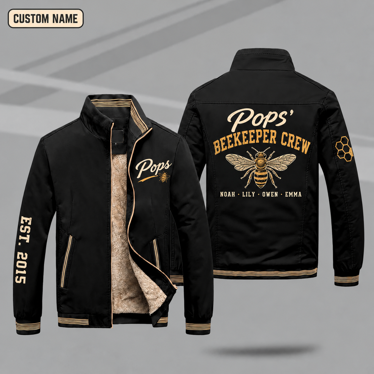Fleece-Lined Stand Collar Jacket personalized with "Pops' Beekeeper Crew" and honeybee artwork on the back