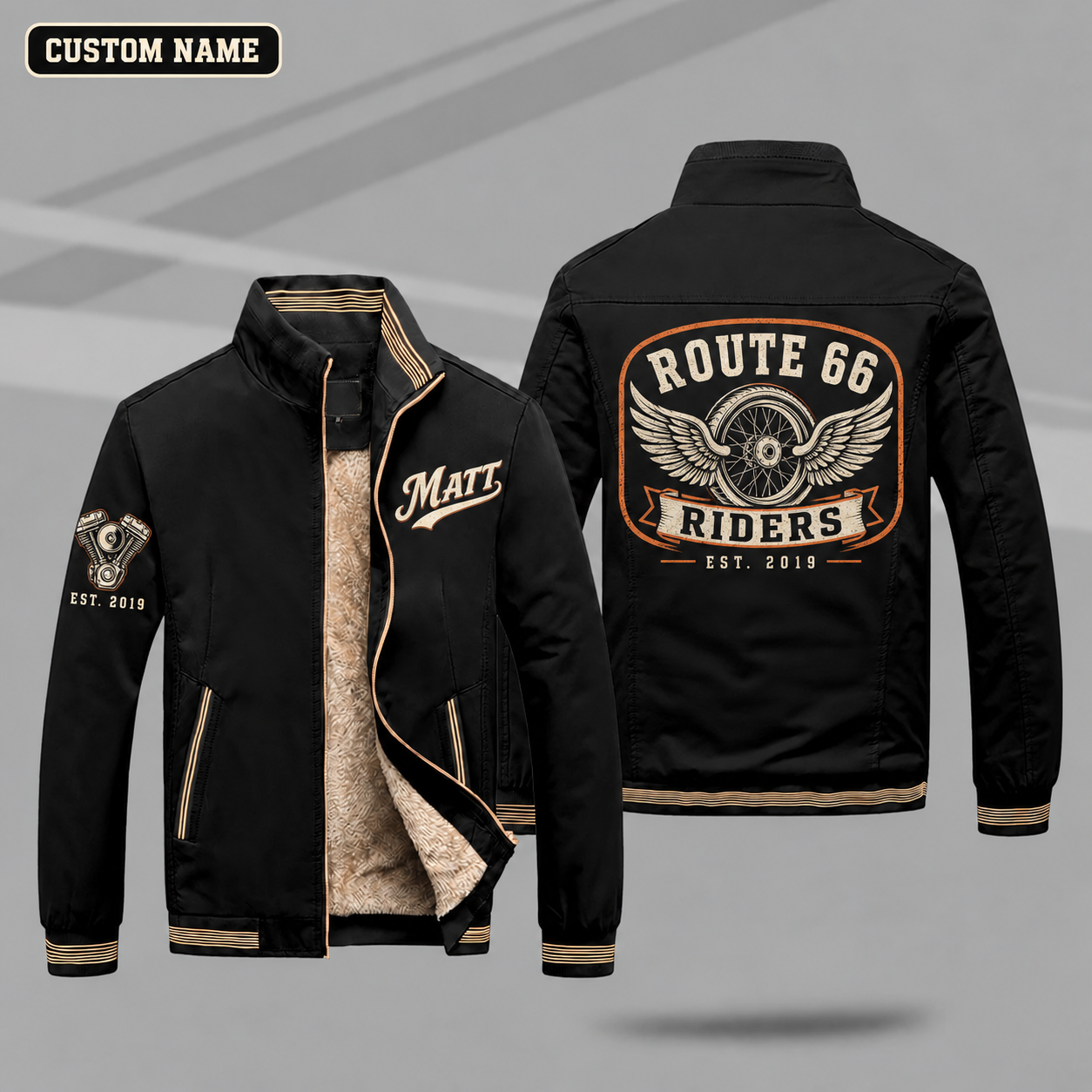 Fleece-Lined Stand Collar Jacket personalized with "Route 66 Riders Est. 2019" and winged wheel artwork on the back