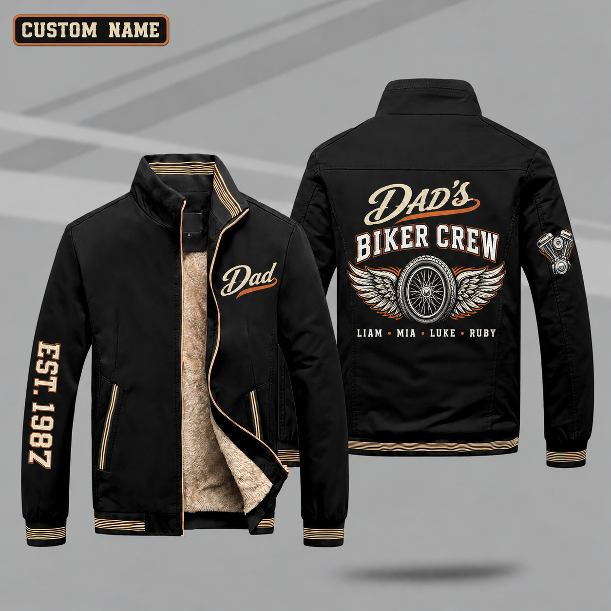 Fleece-Lined Stand Collar Jacket personalized with "Dad's Biker Crew" and winged wheel artwork on the back