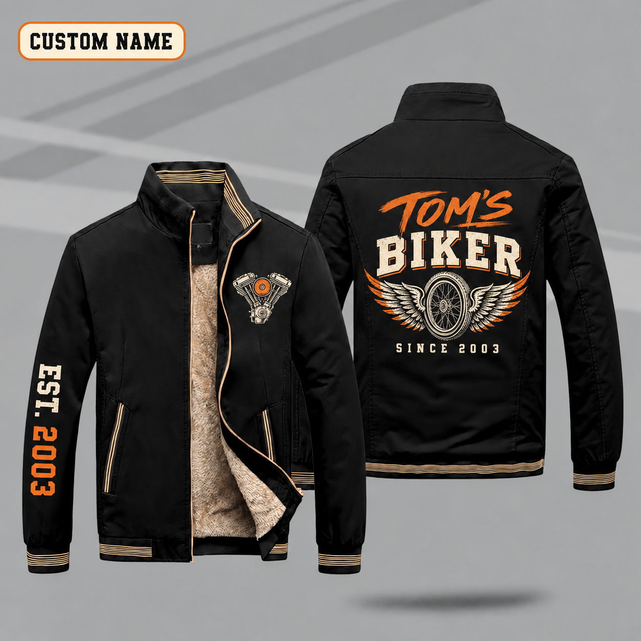 Fleece-Lined Stand Collar Jacket personalized with "Tom's Biker Since 2003" and winged wheel artwork on the back