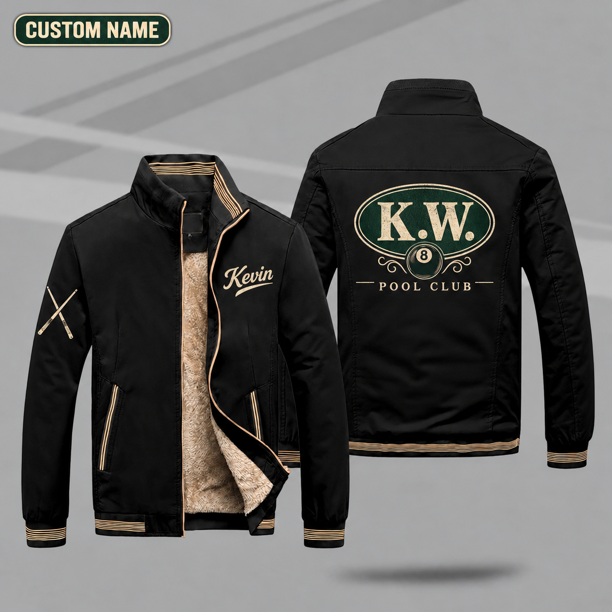 Fleece-Lined Stand Collar Jacket personalized with "K.W. Pool Monogram" and 8 ball artwork on the back