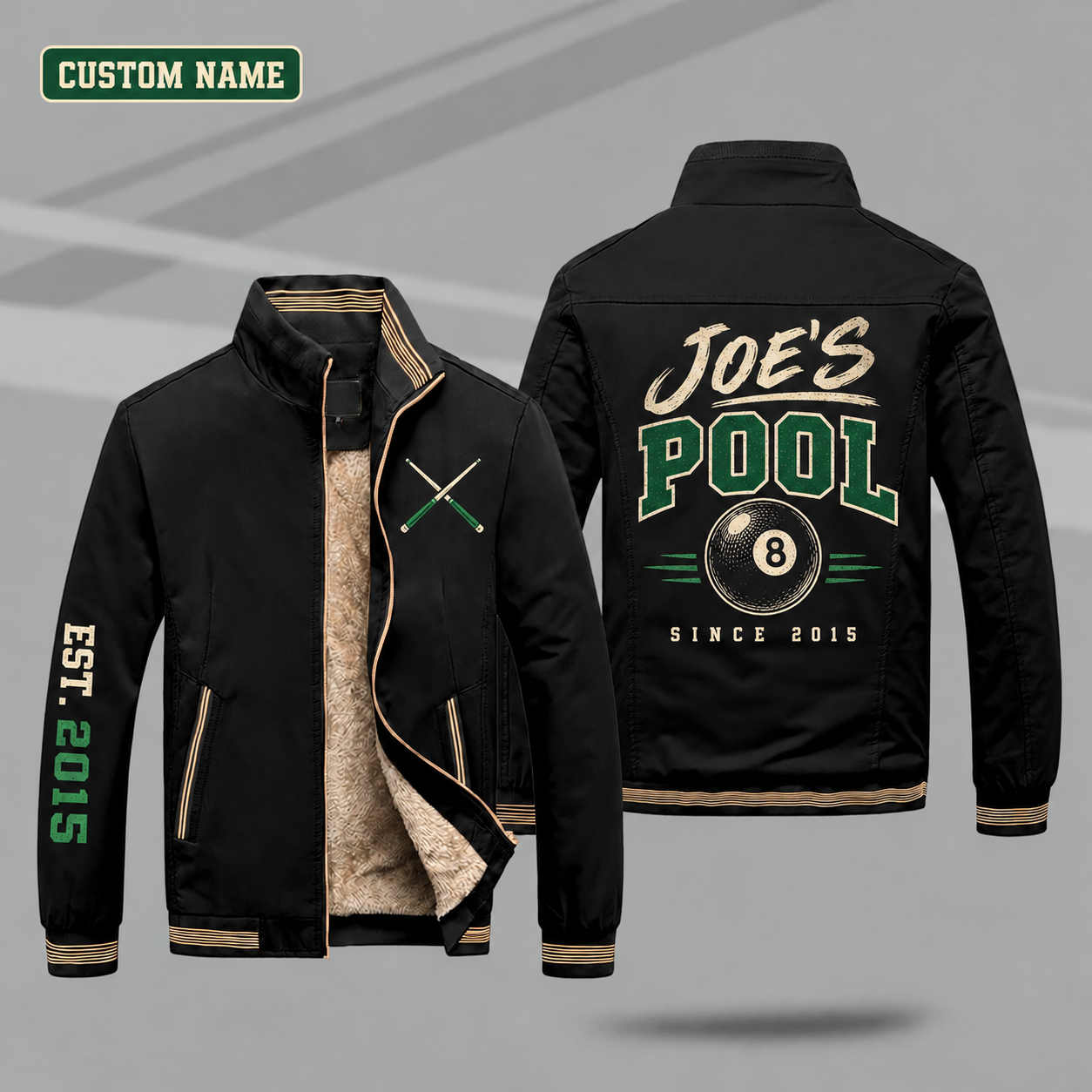 Fleece-Lined Stand Collar Jacket personalized with "Joe's Pool Since 2015" and 8 ball artwork on the back