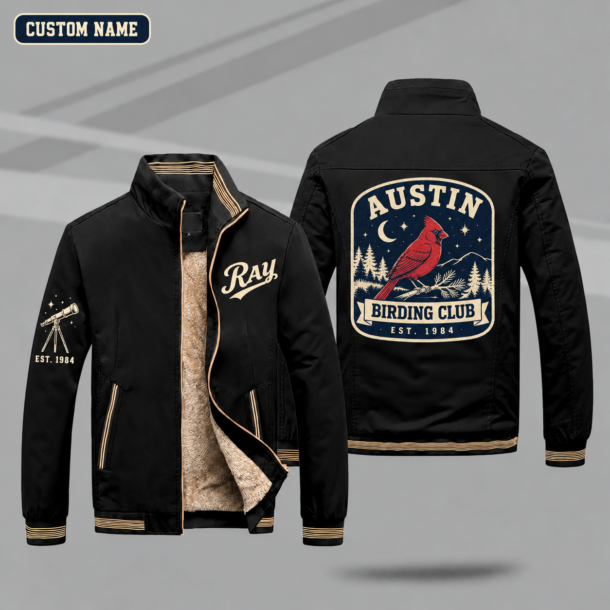 Fleece-Lined Stand Collar Jacket personalized with "Austin Birding Club Est. 1984" and cardinal bird artwork on the back