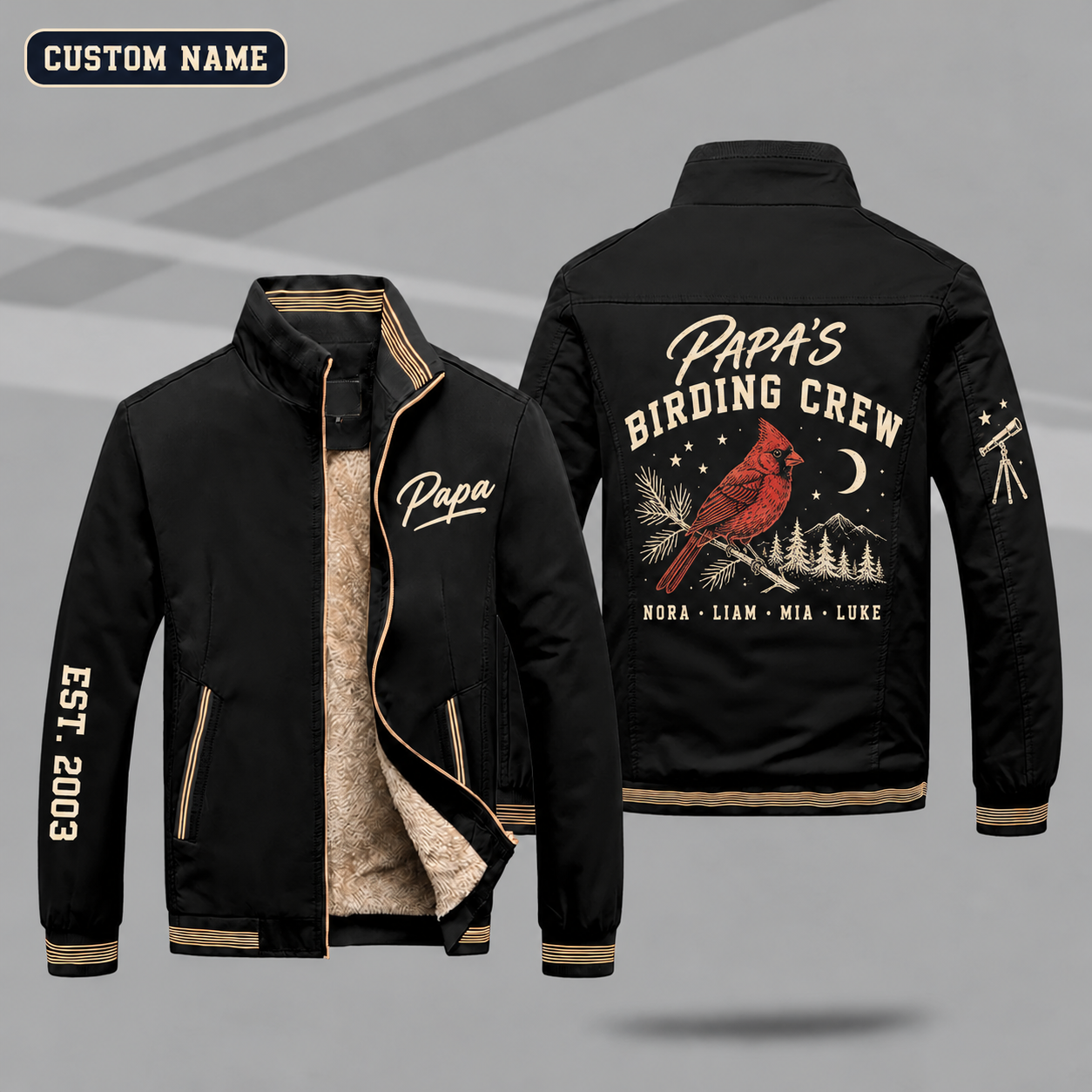 Fleece-Lined Stand Collar Jacket personalized with "Papa's Birding Crew" and cardinal bird artwork on the back