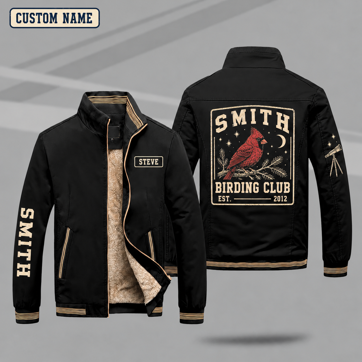 Fleece-Lined Stand Collar Jacket personalized with "Smith Birding Club Est. 2012" and cardinal bird artwork on the back