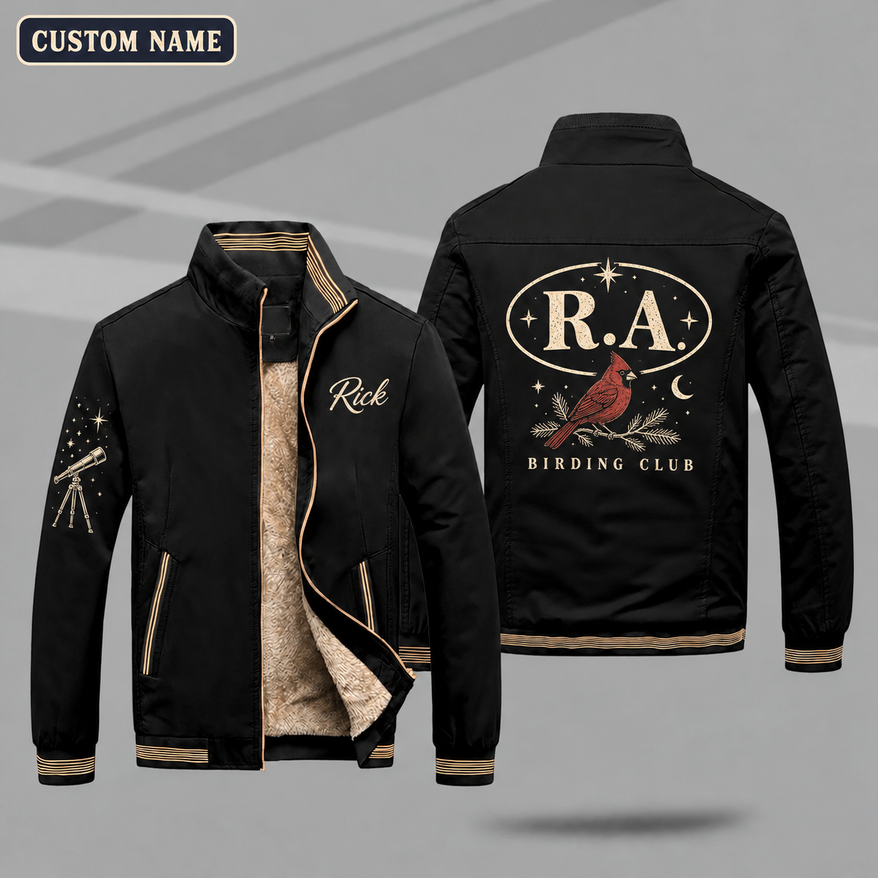 Fleece-Lined Stand Collar Jacket personalized with "R.A. Birding Monogram" and cardinal bird artwork on the back