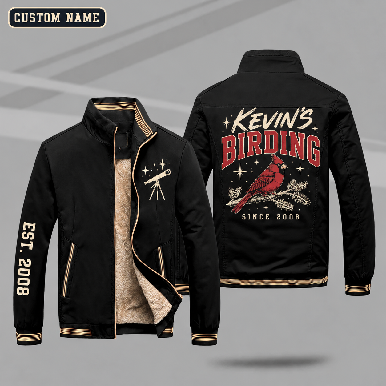 Fleece-Lined Stand Collar Jacket personalized with "Kevin's Birding Since 2008" and cardinal bird artwork on the back