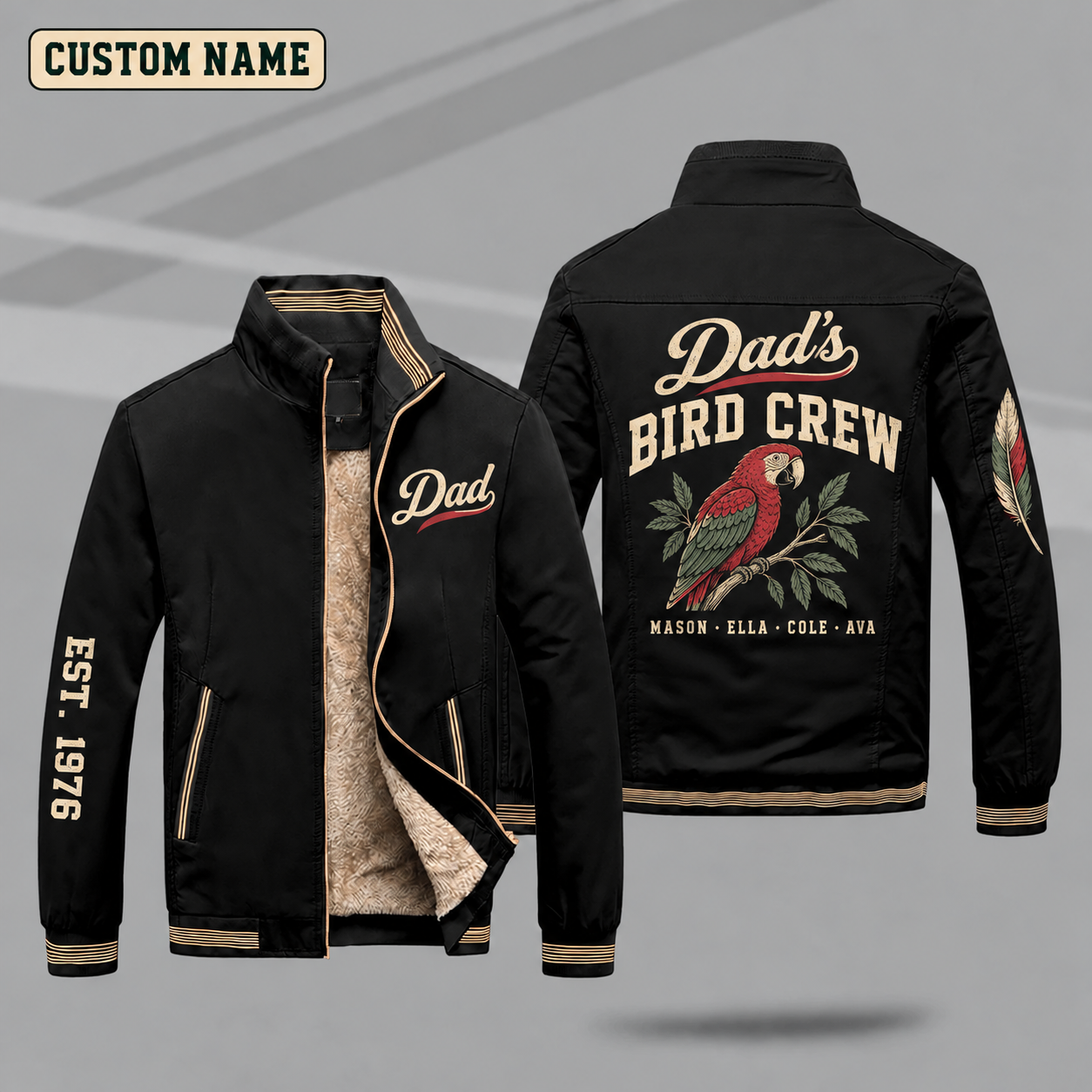Fleece-Lined Stand Collar Jacket personalized with "Dad's Bird Crew" and parrot artwork on the back