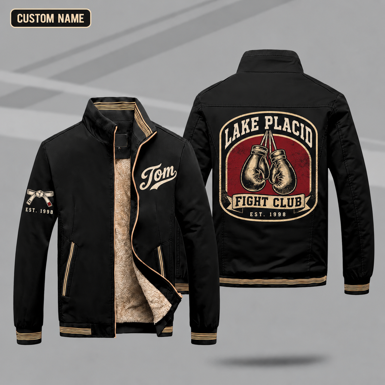 Fleece-Lined Stand Collar Jacket personalized with "Lake Placid Fight Club Est. 1998" and boxing gloves artwork on the back