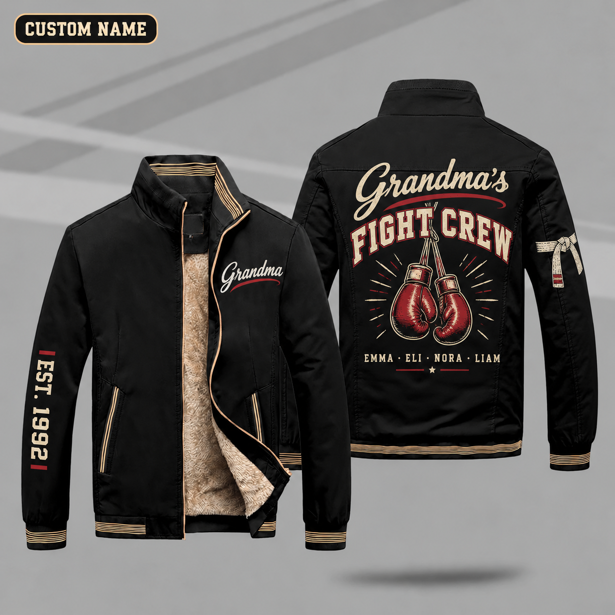 Fleece-Lined Stand Collar Jacket personalized with "Grandma's Fight Crew" and boxing gloves artwork on the back