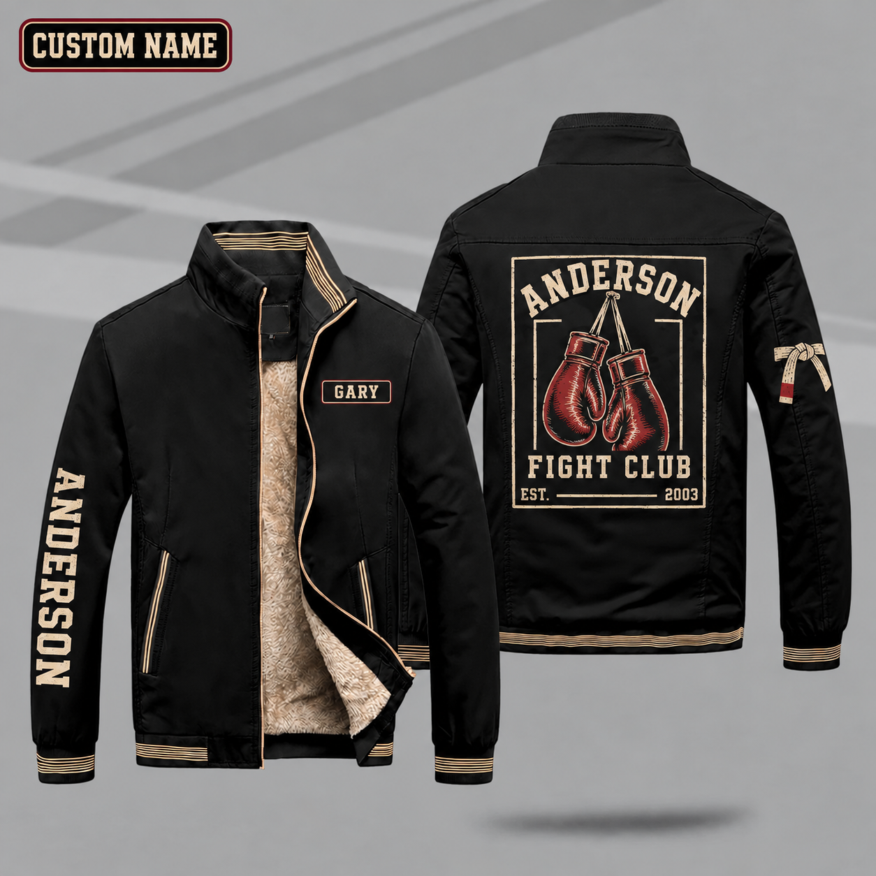 Fleece-Lined Stand Collar Jacket personalized with "Anderson Fight Club Est. 2003" and boxing gloves artwork on the back