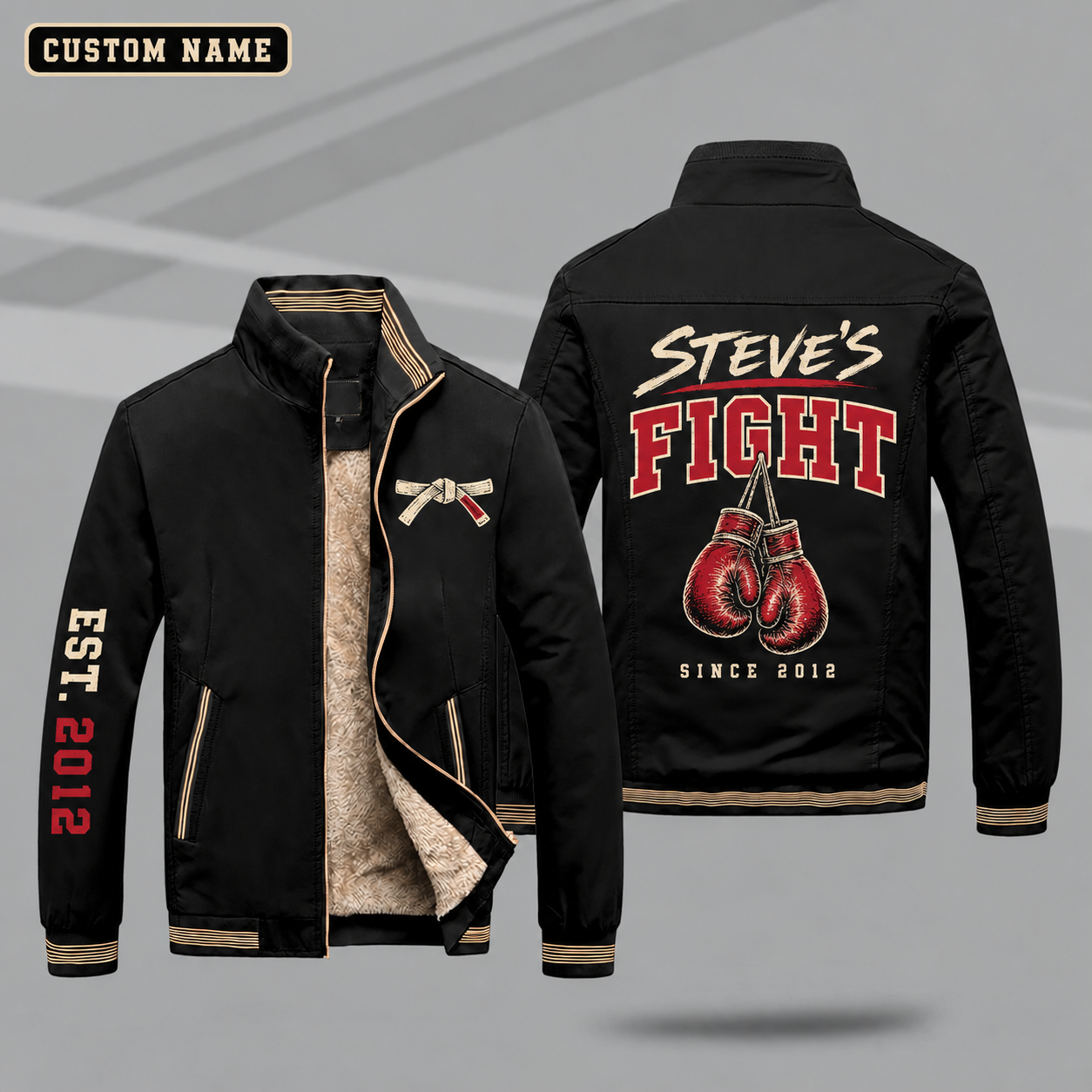 Fleece-Lined Stand Collar Jacket personalized with "Steve's Fight Since 2012" and boxing gloves artwork on the back